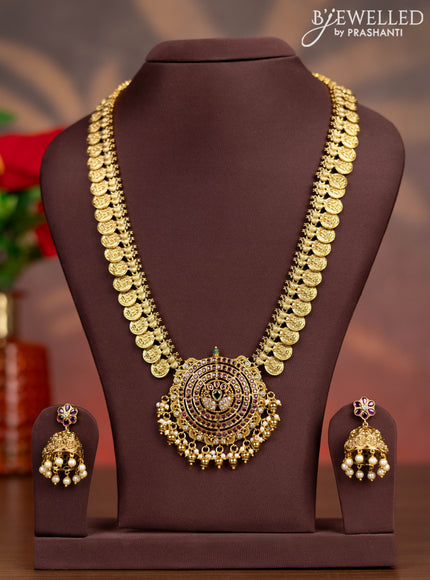 Antique haaram lakshmi kasu design with kemp & cz stones and pearl & golden beads hangings