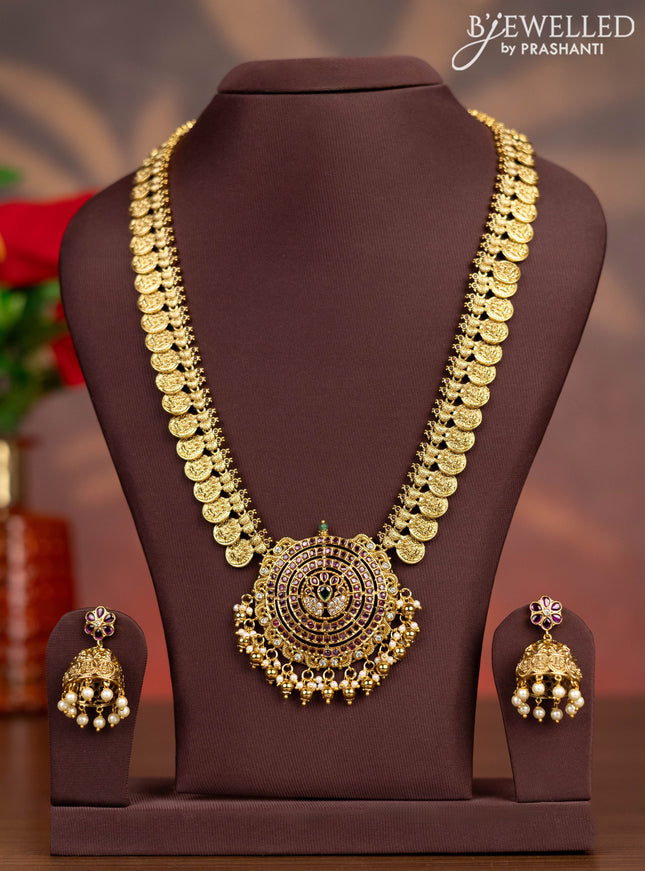 Antique haaram lakshmi kasu design with kemp & cz stones and pearl & golden beads hangings