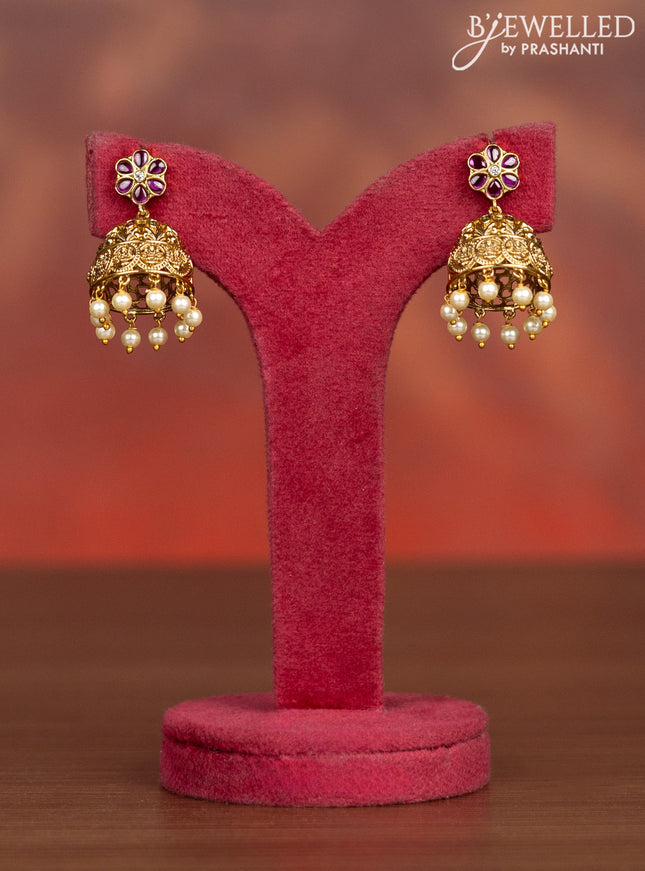 Antique haaram lakshmi kasu design with kemp & cz stones and pearl & golden beads hangings