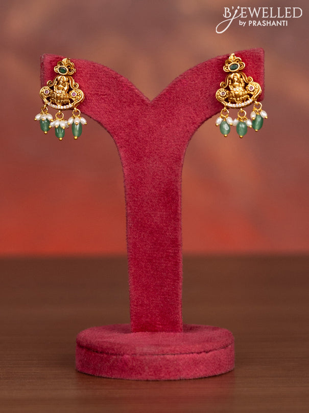 Antique haaram lakshmi pendant with kemp & cz stones and pearl & mint green beads hangings
