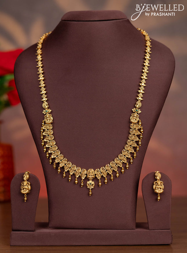 Antique haaram lakshmi & peacock design with kemp & cz stones and golden beads hangings