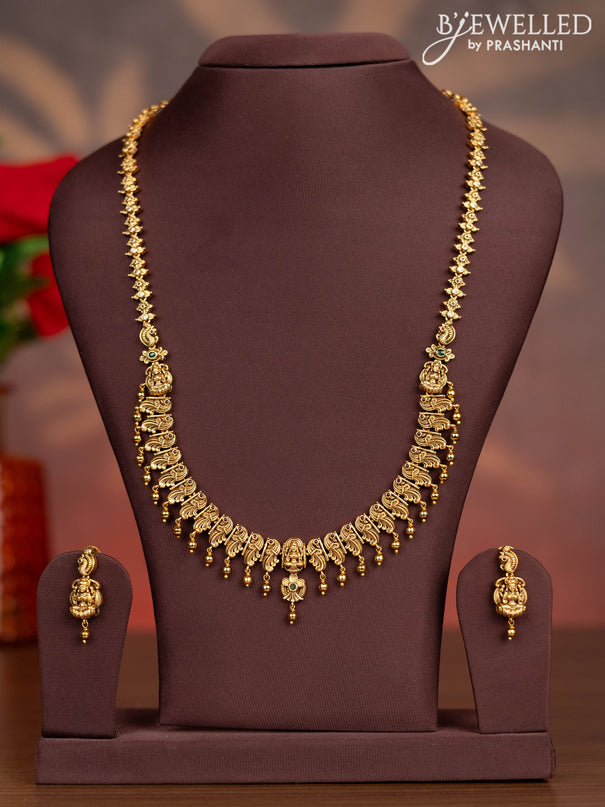 Antique haaram lakshmi & peacock design with kemp & cz stones and golden beads hangings