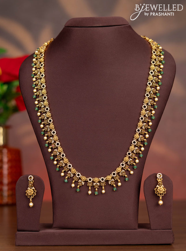 Antique haaram floral design with kemp & cz stones and pearl & green beads hangings