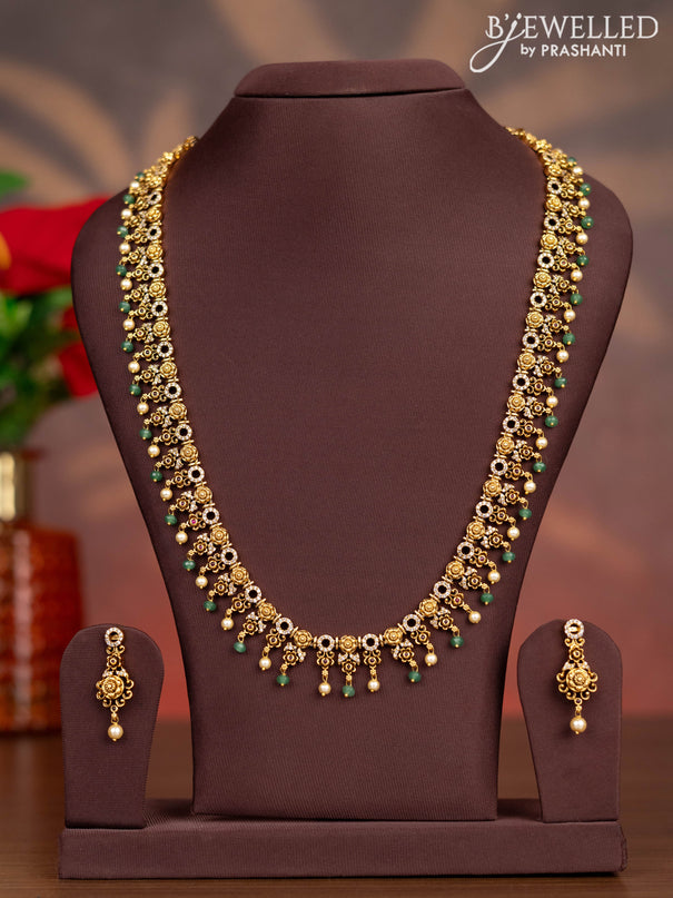 Antique haaram floral design with kemp & cz stones and pearl & green beads hangings