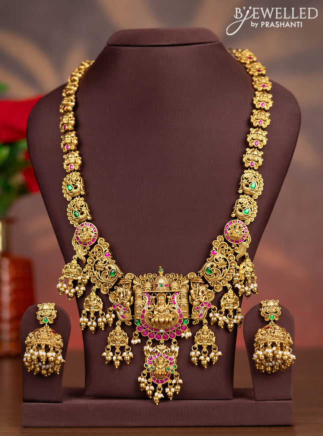 Antique haaram lakshmi design with kemp jadau kundan stones and pearl & golden beads hangings