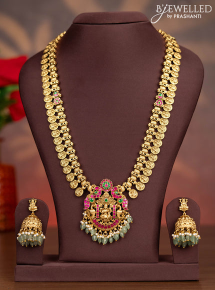 Antique haaram lakshmi kasu design with kemp jadau stones and pearl & mint green beads hangings