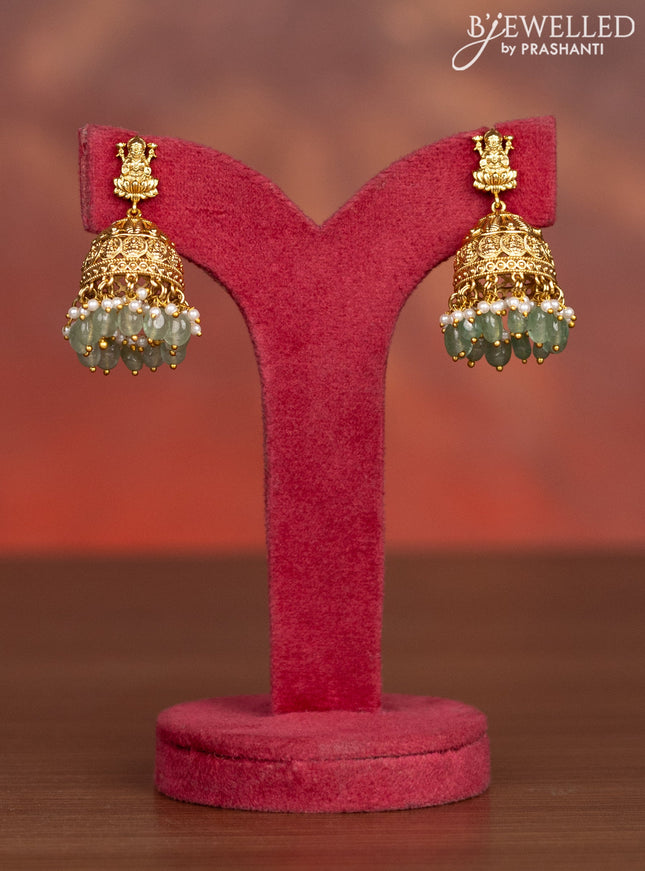 Antique haaram lakshmi kasu design with kemp jadau stones and pearl & mint green beads hangings