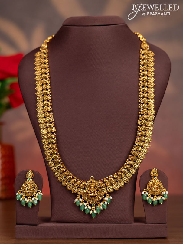 Antique haaram lakshmi kasu design with kemp stones and pearl & green beads hangings