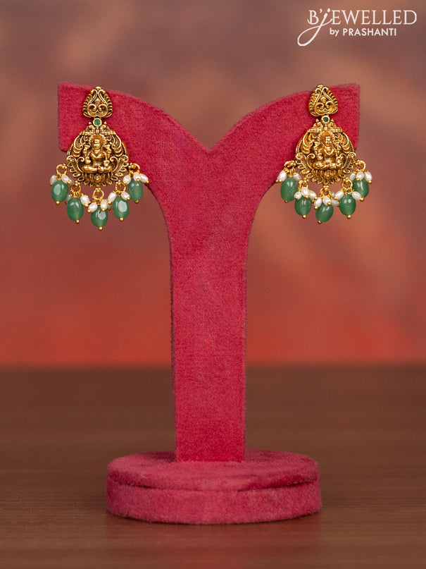 Antique haaram lakshmi kasu design with kemp stones and pearl & green beads hangings