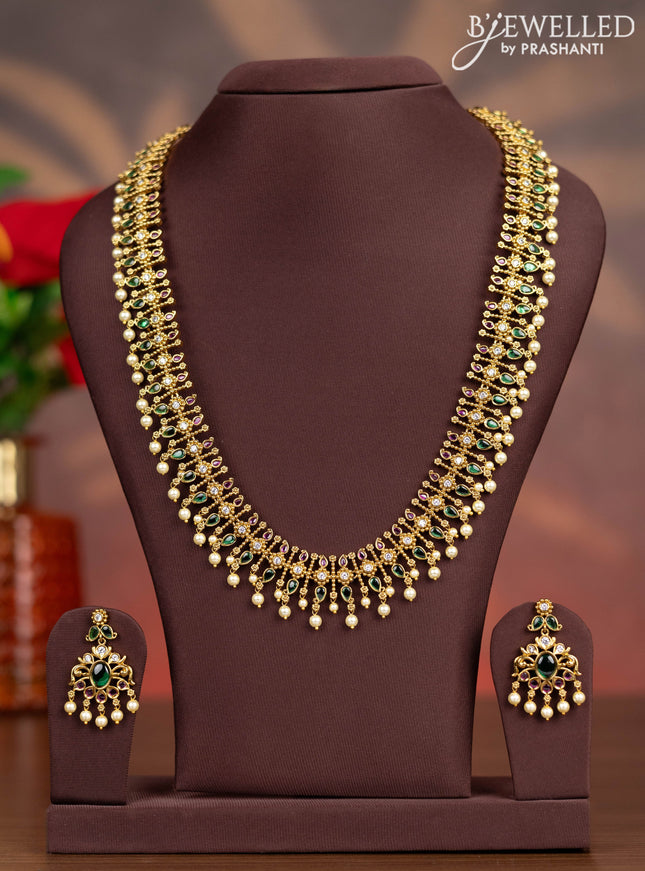 Antique haaram manga pattern with kemp & cz stones and pearl hangings