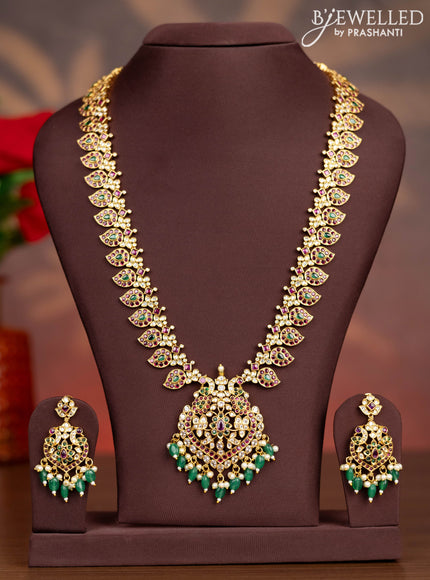 Antique haaram manga pattern with kemp & cz stones and pearl & green beads hangings