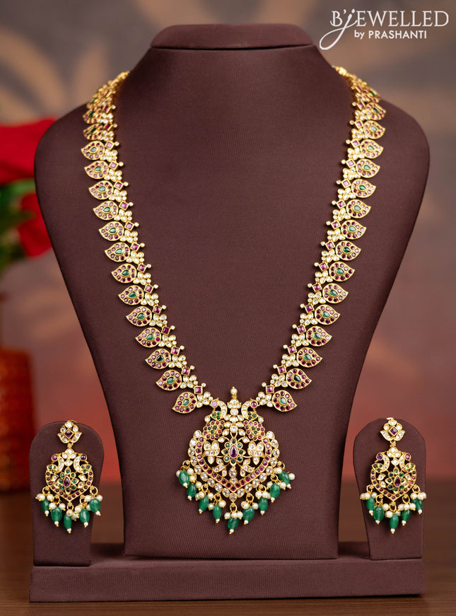 Antique haaram manga pattern with kemp & cz stones and pearl & green beads hangings