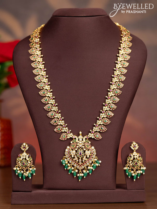 Antique haaram manga pattern with kemp & cz stones and pearl & green beads hangings