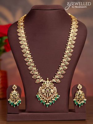 Antique haaram manga pattern with kemp & cz stones and pearl & green beads hangings