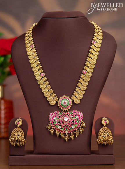 Antique haaram lakshmi kasu design with kemp jadau kundan stones and golden beads hangings