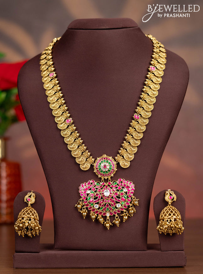 Antique haaram lakshmi kasu design with kemp jadau kundan stones and golden beads hangings