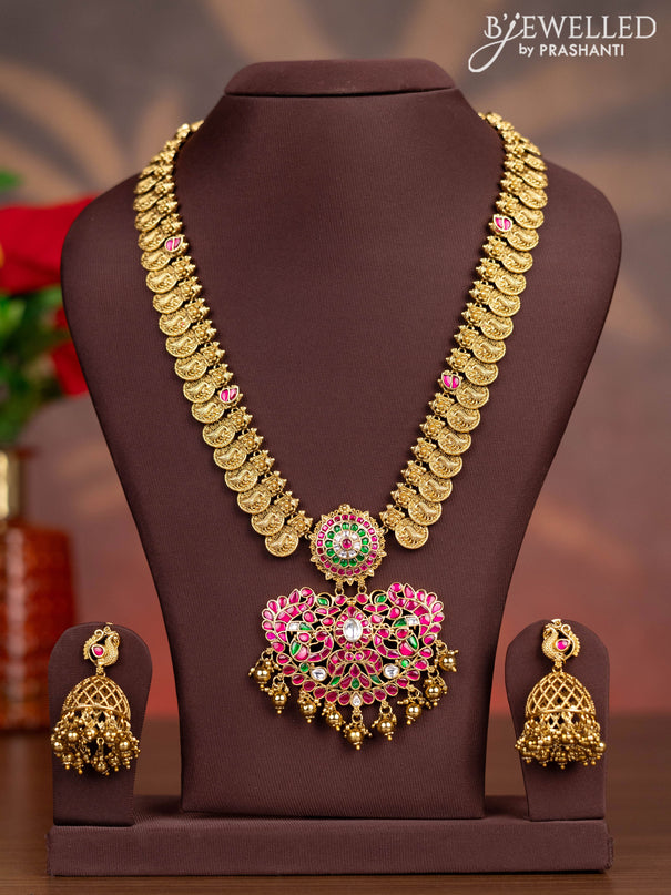 Antique haaram lakshmi kasu design with kemp jadau kundan stones and golden beads hangings