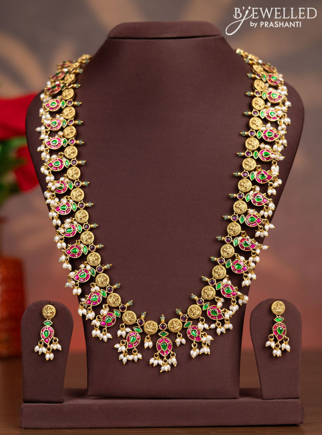 Antique haaram lakshmi & manga pattern with kemp jadau stones and pearl hangings