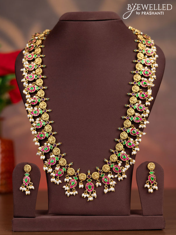 Antique haaram lakshmi & manga pattern with kemp jadau stones and pearl hangings