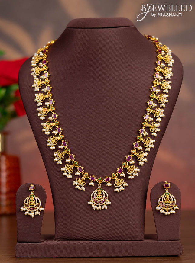 Antique haaram lakshmi design with kemp & cz stones and pearl hangings