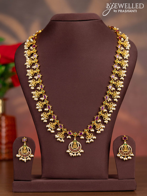 Antique haaram lakshmi design with kemp & cz stones and pearl hangings