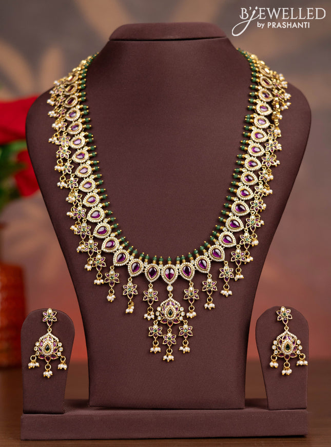 Antique haaram floral design with kemp & cz stones and pearl hangings