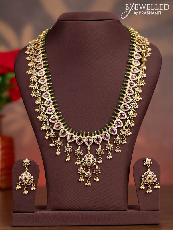 Antique haaram floral design with kemp & cz stones and pearl hangings