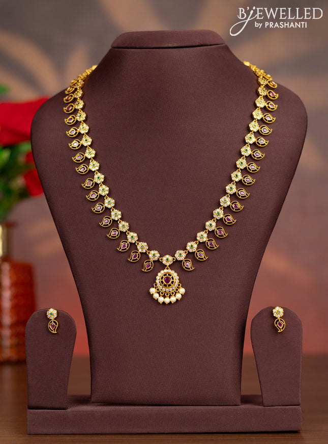 Antique haaram manga pattern with kemp & cz stones and pearl hangings