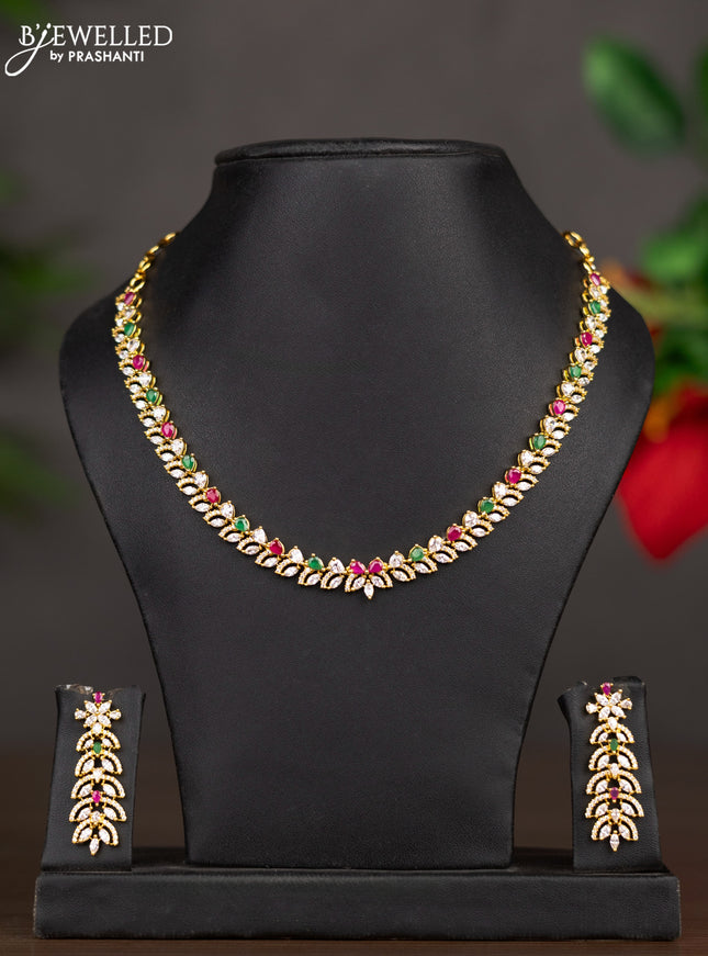 Zircon necklace with ruby & emerald and cz stones in gold finish