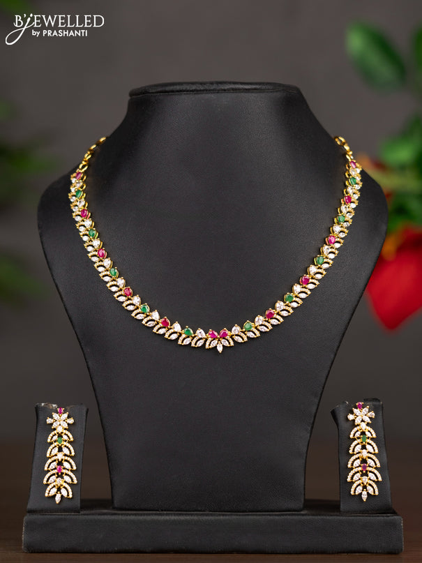 Zircon necklace with ruby & emerald and cz stones in gold finish