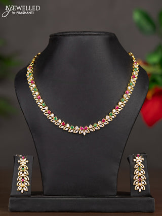 Zircon necklace with ruby & emerald and cz stones in gold finish