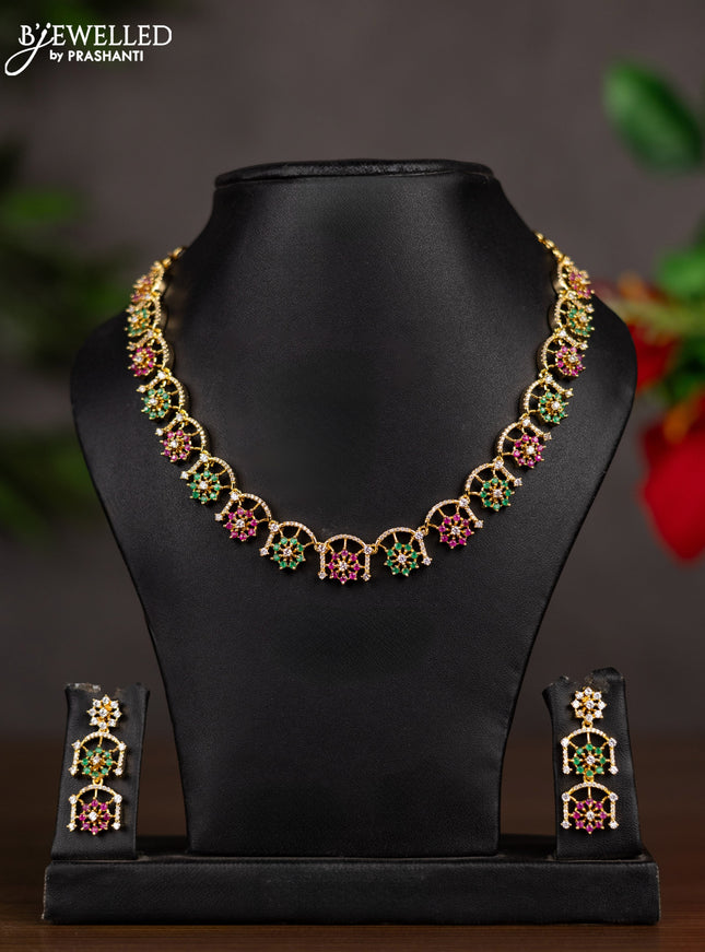 Zircon necklace with ruby & emerald and cz stones in gold finish