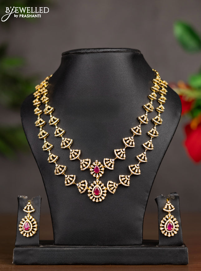 Zircon double layer necklace with ruby and cz stones in gold finish