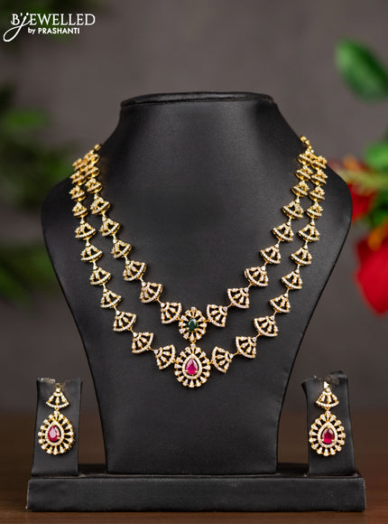Zircon double layer necklace with emerald & ruby and cz stones in gold finish