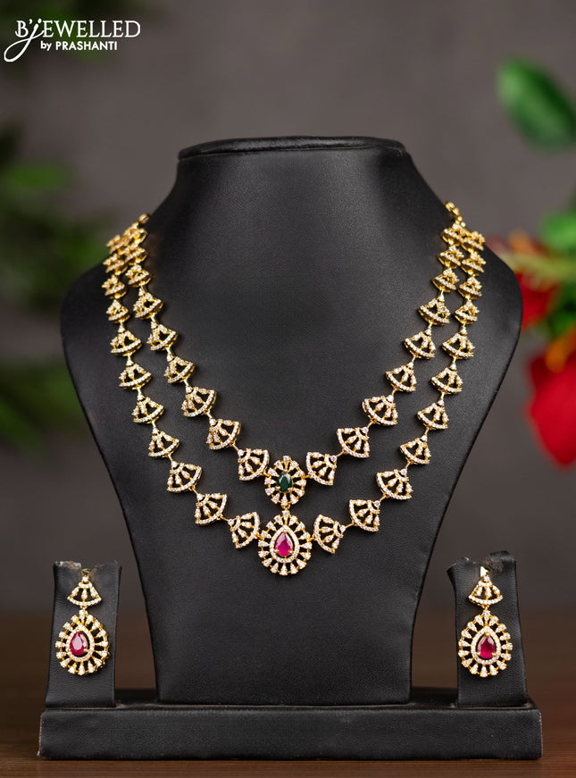 Zircon double layer necklace with emerald & ruby and cz stones in gold finish
