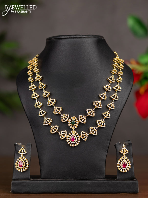 Zircon double layer necklace with emerald & ruby and cz stones in gold finish