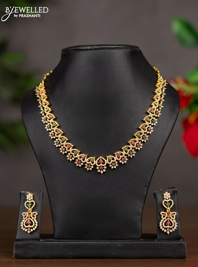 Zircon necklace heart shape design with ruby & emerald and cz stones in gold finish