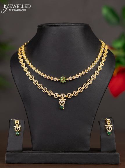 Zircon double layer necklace with emerald and cz stones in gold finish