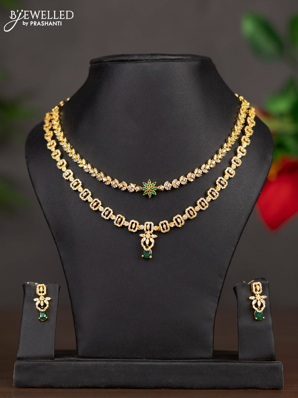 Zircon double layer necklace with emerald and cz stones in gold finish