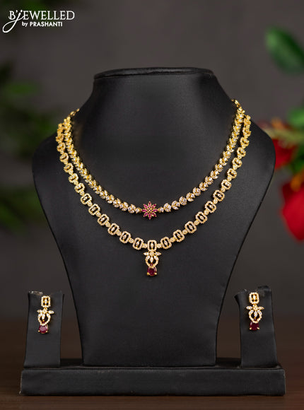 Zircon double layer necklace with ruby and cz stones in gold finish