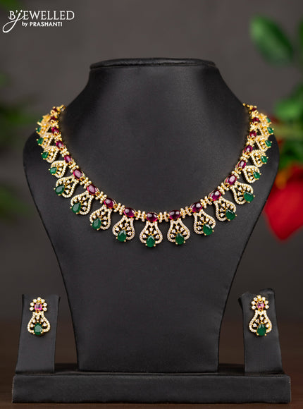 Zircon necklace with ruby & emerald and cz stones in gold finish