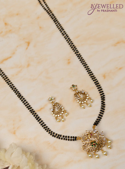 Mangalsutra double layer peacock design with kemp & cz stones and pearl hangings