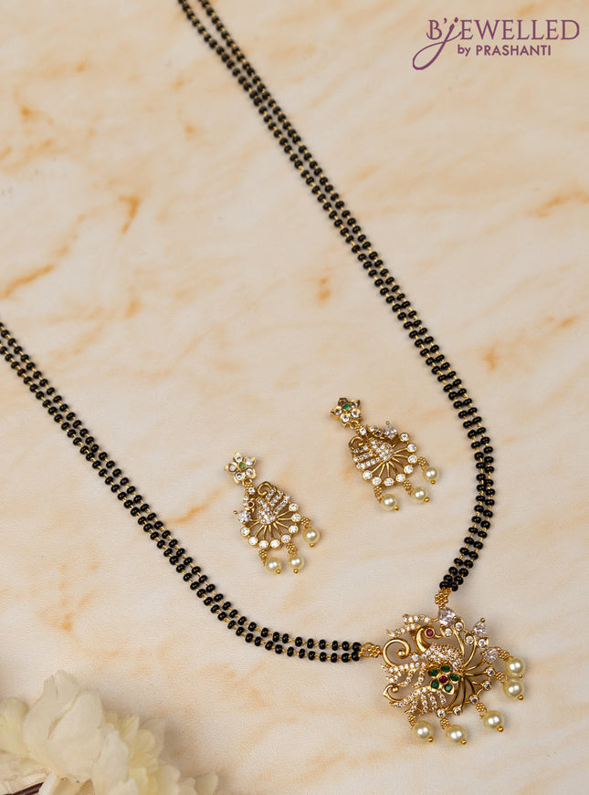 Mangalsutra double layer peacock design with kemp & cz stones and pearl hangings