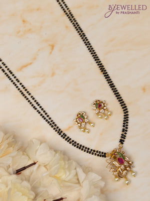 Mangalsutra double layer peacock design with kemp & cz stones and pearl hangings