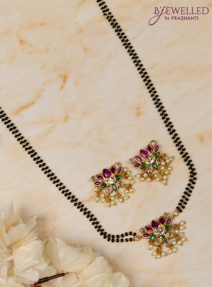 Mangalsutra double layer lotus design with kemp & kundan stones and pearl hangings