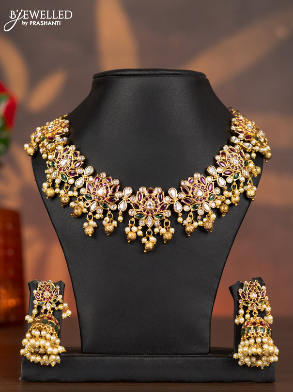 Antique necklace lotus design with kemp & kundan stones and pearl & golden beads hangings