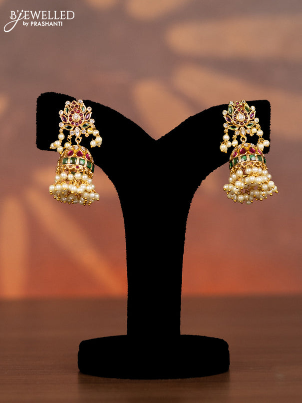 Antique necklace lotus design with kemp & kundan stones and pearl & golden beads hangings