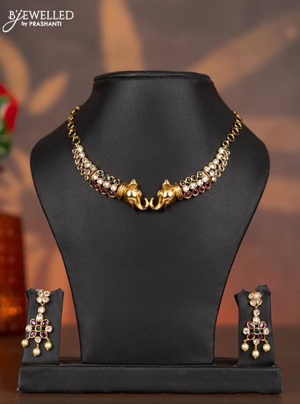 Antique necklace elephant design with kemp and kundan stones