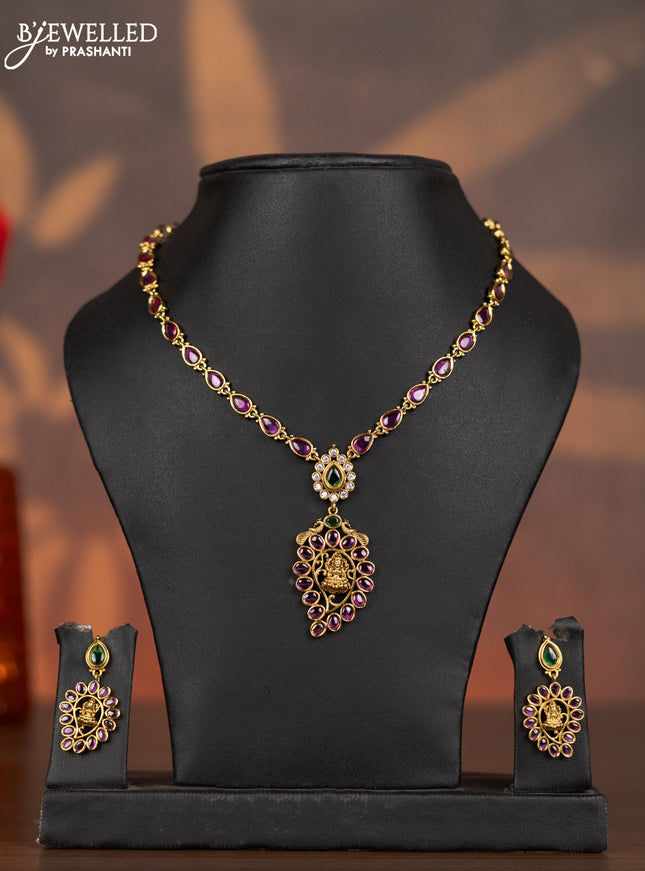 Antique necklace lakshmi design with kemp and cz stones