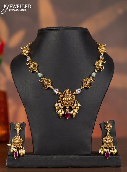 Antique necklace lakshmi design with kemp & cz stones and pearl & golden beads hangings